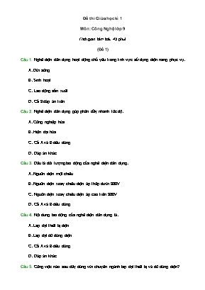 Đề thi giữa học kì 1 môn Công Nghệ Lớp 9